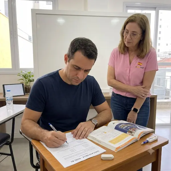 aluno sentando em carteira universitária, dentro de sala de aula, fazendo prova de certificação enquanto é observado por professora ao seu lado em pé.