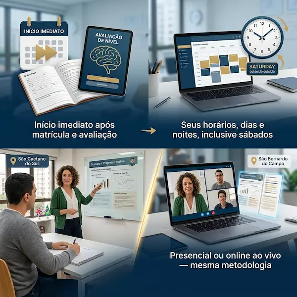Como funciona o curso de idiomas da FourFlags Language Center: início imediato após avaliação, horários flexíveis incluindo sábados, e opção de modalidade presencial em São Caetano do Sul ou online ao vivo.