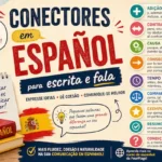 Conectores em espanhol para escrita e fala: infográfico didático da FourFlags Language Center com categorias, exemplos e dicas para melhorar a fluência.