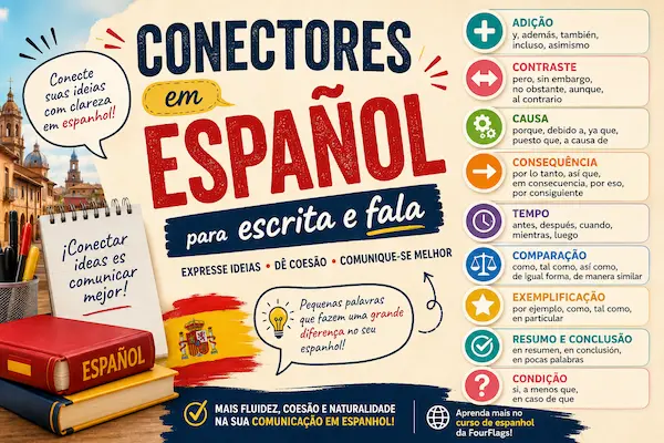 Conectores em espanhol para escrita e fala: infográfico didático da FourFlags Language Center com categorias, exemplos e dicas para melhorar a fluência.