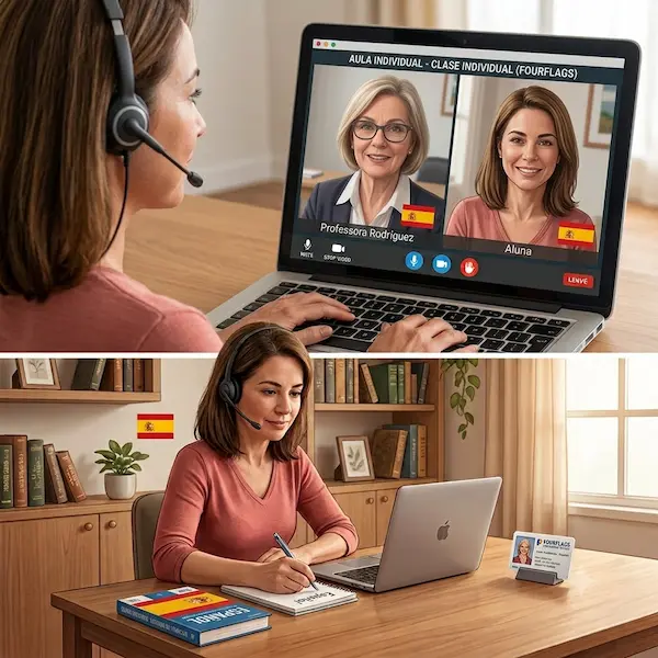 Aulas online do curso de espanhol para adultos da FourFlags Language Center: aluna com headset participando de videochamada individual interativa e fazendo anotações em seu escritório.
