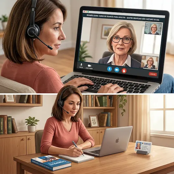 Aulas online do curso de francês para adultos da FourFlags Language Center: aluna com headset participando de videochamada interativa e fazendo anotações em seu escritório.