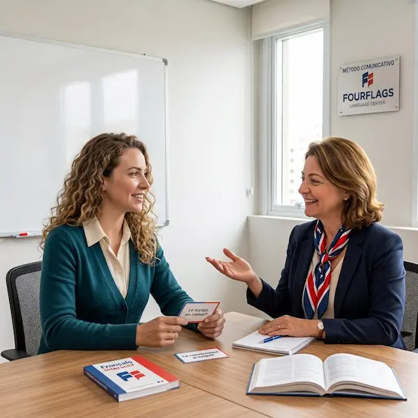 Método comunicativo do curso de francês para adultos da FourFlags Language Center: foto de professora e aluna interagindo e conversando ativamente com flashcards e material didático em sala de aula.