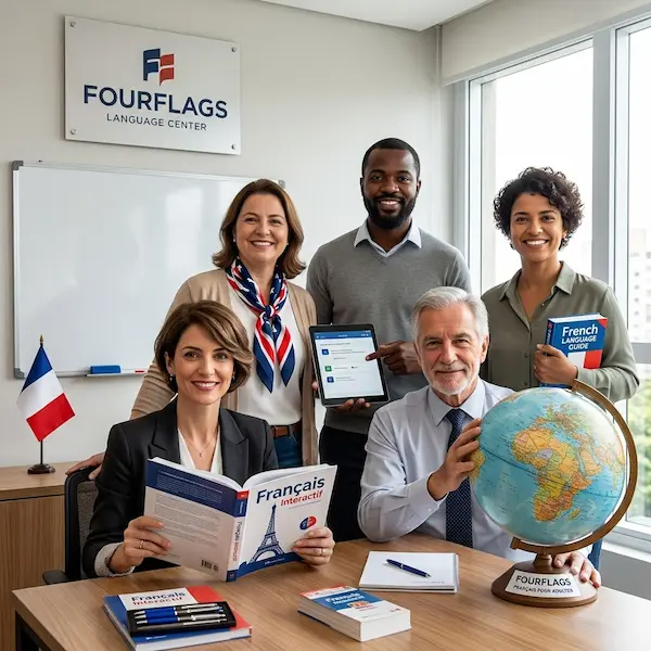 Equipe de professores especializados da FourFlags Language Center em uma sala de aula moderna e iluminada. No painel da parede, destaca-se o logotipo da escola 'FOURFLAGS LANGUAGE CENTER'. Em primeiro plano, uma professora à esquerda segura um livro aberto com o título 'Français interactif' e uma bandeira da França na mesa; à direita, um professor segura um globo terrestre com a base identificada. Ao fundo, outros três professores sorriem para a câmera, sendo que o homem ao centro segura um tablet.