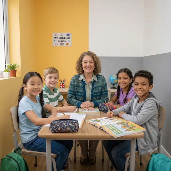 Curso de inglês para crianças: foto real de uma professora e quatro alunos sorridentes em uma sala de aula interativa, com materiais didáticos e ambientação temática.