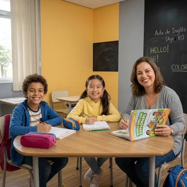 Curso de inglês para crianças: foto real de uma professora e dois alunos sorridentes em uma sala de aula interativa, utilizando materiais lúdicos, flashcards e livros de inglês.