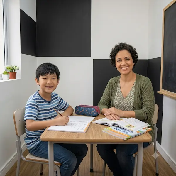 Curso de inglês para crianças: foto de uma professora e quatro alunos sorridentes em uma sala de aula temática, engajados em uma atividade de leitura e escrita.