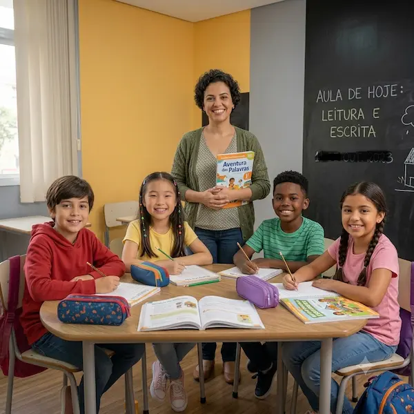 Sala de aula infantil da FourFlags Language Center com paredes em tons de amarelo e cinza e piso de madeira. Ao redor de uma mesa redonda, uma professora sorridente está em pé ao fundo segurando um livro, enquanto quatro crianças sentadas ao redor escrevem e sorriem para a câmera. À direita, há uma lousa preta