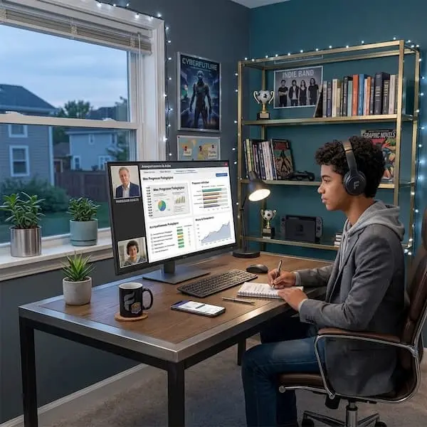 Aula de idiomas online para adolescentes da FourFlags Language Center: aluno engajado em videochamada interativa com professor e acompanhamento de progresso em plataforma digital no conforto de casa.