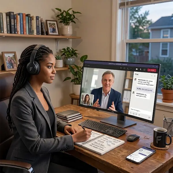 Aula de idiomas online para adultos da FourFlags Language Center: aluna interagindo em videochamada com professor e utilizando material de apoio no conforto de casa.