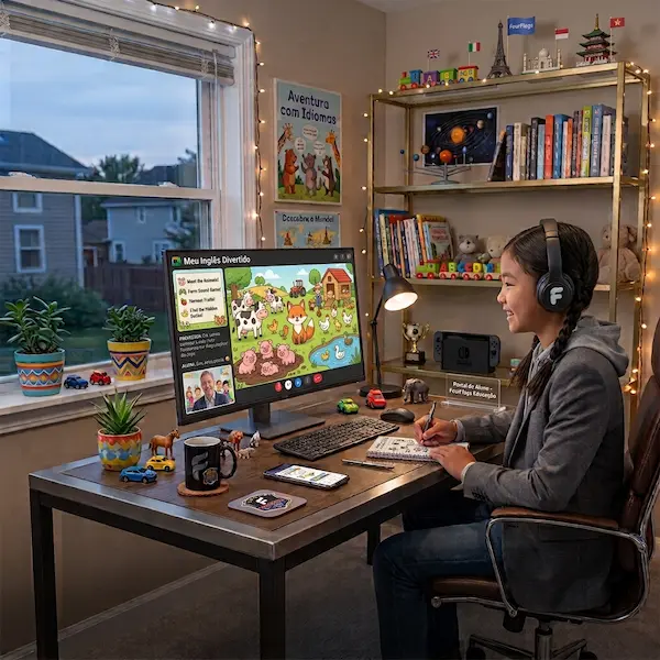 aula de idiomas online para crianças, menina de 9 anos oriental assiste aula sentada à mesa em seu quarto.