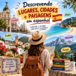 Descrevendo lugares, cidades e paisagens em espanhol: imagem ilustrativa de post de blog com vocabulário de viagem, paisagens variadas e uma bandeira da Espanha.