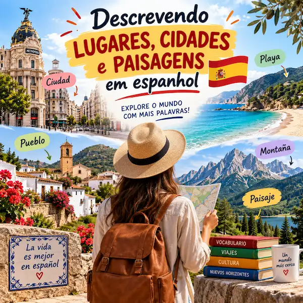 Descrevendo lugares, cidades e paisagens em espanhol 2 Descrevendo lugares, cidades e paisagens em espanhol: imagem ilustrativa de post de blog com vocabulário de viagem, paisagens variadas e uma bandeira da Espanha.