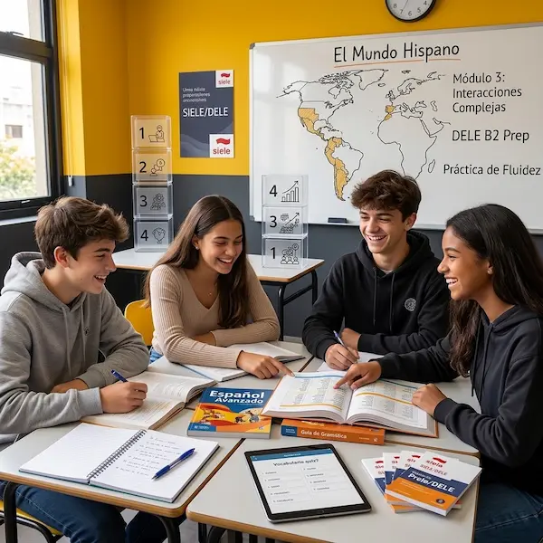 Trilha clara do básico à fluência no curso de espanhol para adolescentes da FourFlags Language Center: alunos interagindo em grupo com livros avançados e preparação para exames SIELE e DELE.