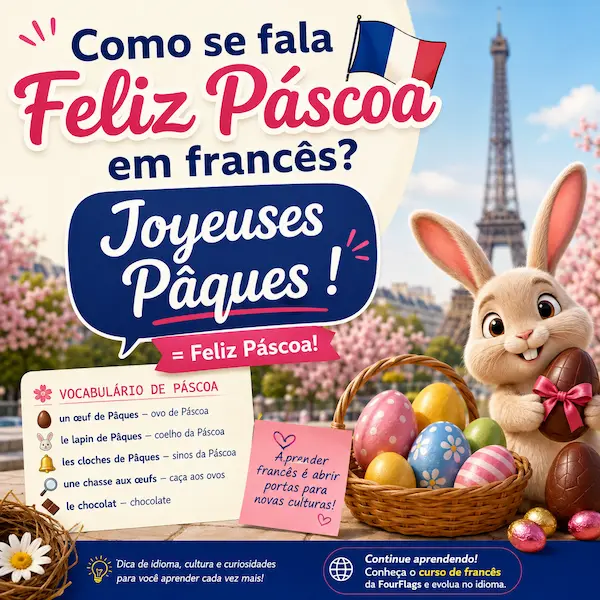 Como se fala feliz páscoa em francês: imagem de post de blog da FourFlags Language Center com vocabulário temático, coelho de Páscoa e a expressão 'Joyeuses Pâques!'.