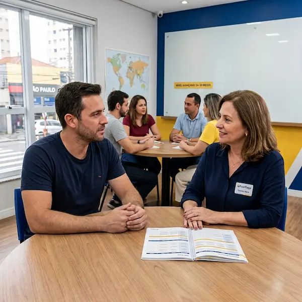 Garantia de aprendizado do curso de inglês para adultos da FourFlags Language Center: acompanhamento personalizado do aluno e interação em sala de aula.