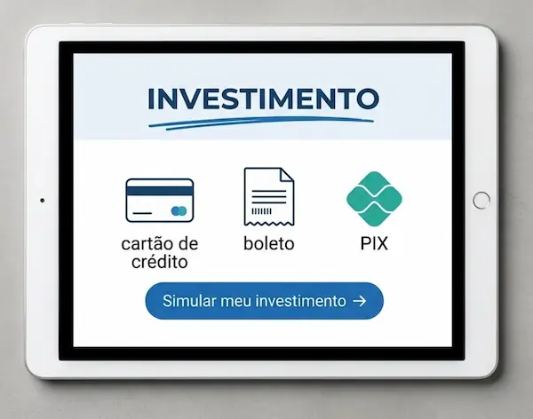 Formas de pagamento e investimento para os cursos de idiomas da FourFlags Language Center: opções de cartão de crédito, boleto e Pix com botão de simulação.