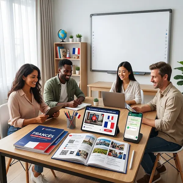 grupo de 4 alunos dentro de sala de aula, estudando com livros e tablet sobre a mesa, quadro branco na parede ao fundo