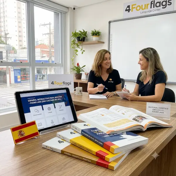 professora e aluna conversando dentro de sala de aula para ilustrar o curso de espanhol para adultos da fourflags