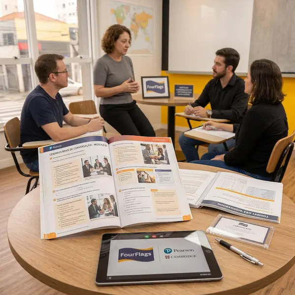 Material didático moderno e internacional do curso de inglês para adultos da FourFlags Language Center: livros parceiros de editoras globais, workbook e aula interativa em São Caetano do Sul.
