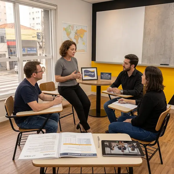 Método comunicativo do curso de inglês para adultos da FourFlags Language Center: professora e alunos em aula dinâmica e interativa focada em conversação em São Caetano do Sul.