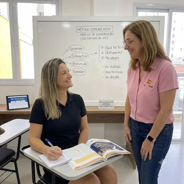 professora em pé e aluna sentada em carteira universitária, dentro de sala de aula com quadro branco ao fundo