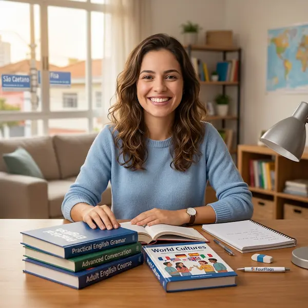 Método eficaz do curso de inglês para adultos da FourFlags Language Center: aluna estudando com materiais didáticos exclusivos e ambiente propício para o aprendizado em São Caetano do Sul.