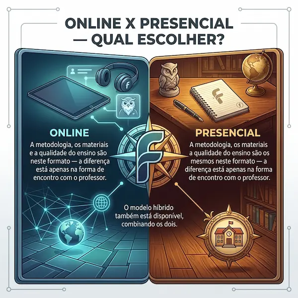 Online ou presencial: comparativo das modalidades de cursos de idiomas da FourFlags Language Center, destacando que a metodologia de ensino é idêntica em ambos os formatos.