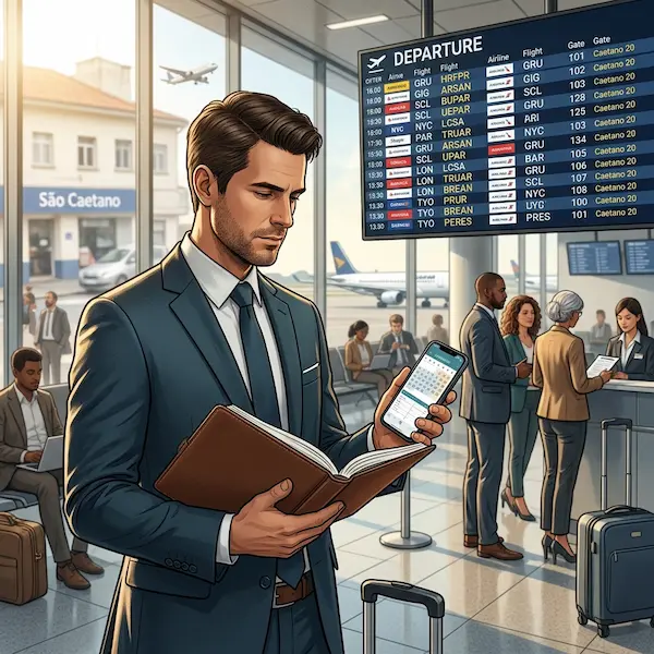 Ilustração detalhada de um saguão de aeroporto moderno, onde um homem de negócios em primeiro plano, vestindo terno e gravata, segura um caderno aberto e um smartphone com a tela ligada. Ao fundo, vê-se um grande painel de partidas ('DEPARTURE') com vários voos listados para destinos como GRU, SCL, NYC, e todos com a indicação 'Gate: Caetano 20'. Do lado de fora da janela, lê-se 'São Caetano' em uma fachada. Outros passageiros aguardam na área de embarque.