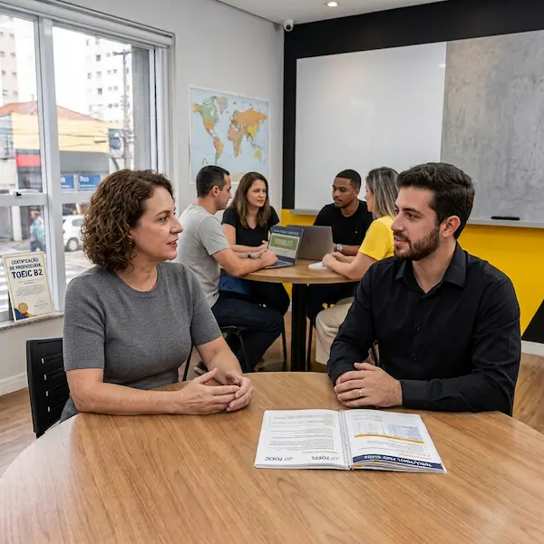 Preparatório para certificações internacionais de inglês (como TOEIC e TOEFL) da FourFlags Language Center: aluno e professora em sessão de estudo focada e ambiente escolar moderno.