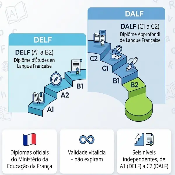 O que são os exames DELF e DALF: infográfico explicativo com os níveis de proficiência em francês de A1 a C2, validade vitalícia e diplomas oficiais do Ministério da Educação da França.