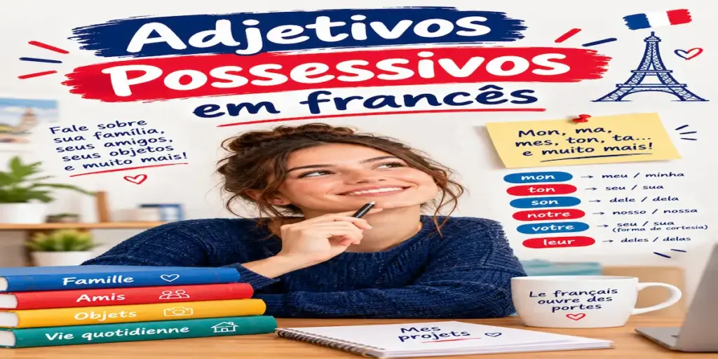 Como usar os adjetivos possessivos em francês: imagem ilustrativa com tabela de mon, ton, son, jovem sorridente e livros temáticos, oferecido pela FourFlags Language Center