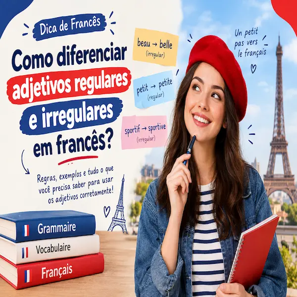 Como diferenciar adjetivos regulares e irregulares em francês? 2 Como diferenciar adjetivos regulares e irregulares em francês: infográfico educacional com regras de gramática, exemplos de vocabulário e a Torre Eiffel ao fundo, oferecido pela FourFlags Language Center