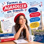 Formas de agradecer em francês: infográfico educacional com expressões informais e formais como merci e merci beaucoup, balões de fala e a Torre Eiffel ao fundo, oferecido pela FourFlags Language Center