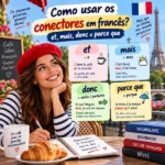 Como usar os conectores em francês: infográfico educacional de post de blog com explicações e exemplos traduzidos das conjunções et, mais, donc e parce que.