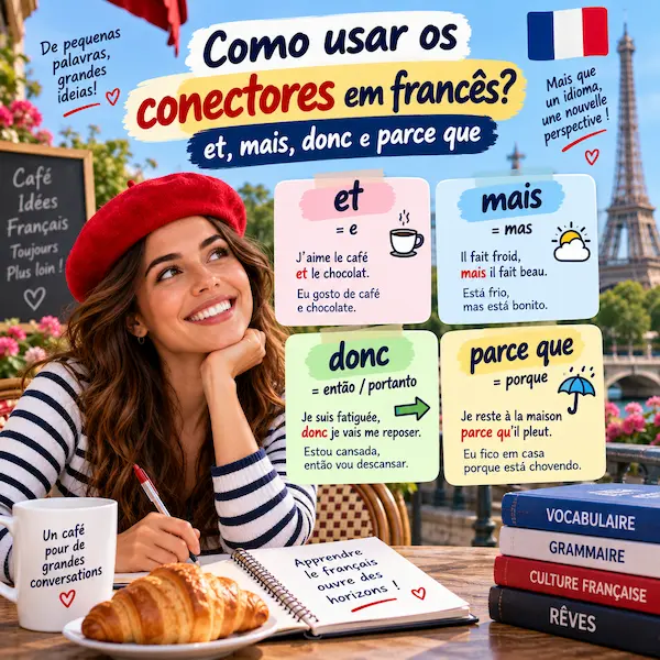 Como usar os conectores em francês 2 Como usar os conectores em francês: infográfico educacional de post de blog com explicações e exemplos traduzidos das conjunções et, mais, donc e parce que.