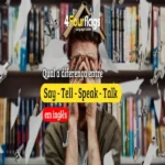 Qual a diferença entre say, tell, speak e talk em inglês: guia prático ilustrado com jovem estudando com óculos em biblioteca com livros ao fundo, oferecido pela FourFlags Language Center