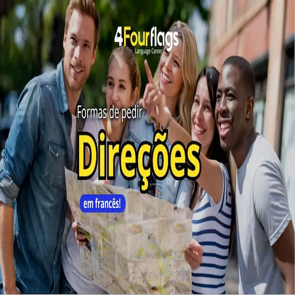"Formas de pedir direções em francês: infográfico educacional com frases úteis para se localizar em viagens, oferecido pela FourFlags Language Center