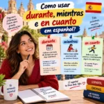 Como usar durante, mientras e en cuanto em espanhol: arte explicativa de post de blog com regras gramaticais, exemplos traduzidos e dicas de gramática para estudantes.