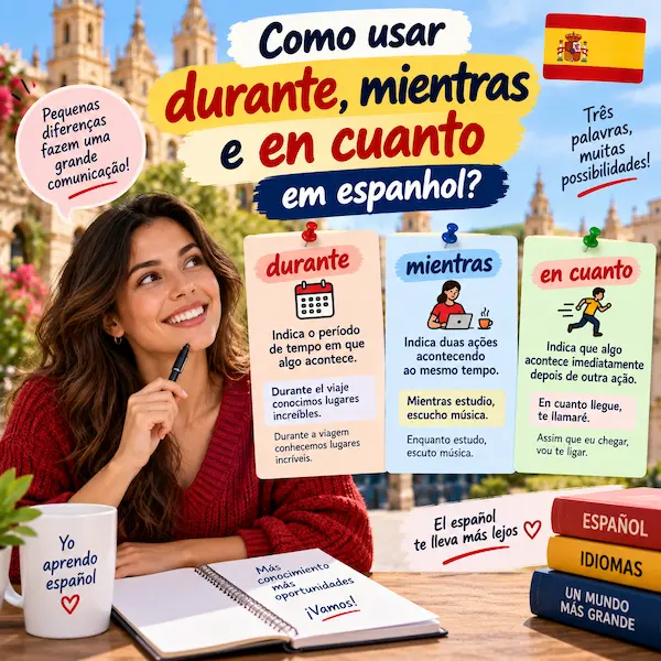 Como usar durante, mientras e en cuanto em espanhol: arte explicativa de post de blog com regras gramaticais, exemplos traduzidos e dicas de gramática para estudantes.