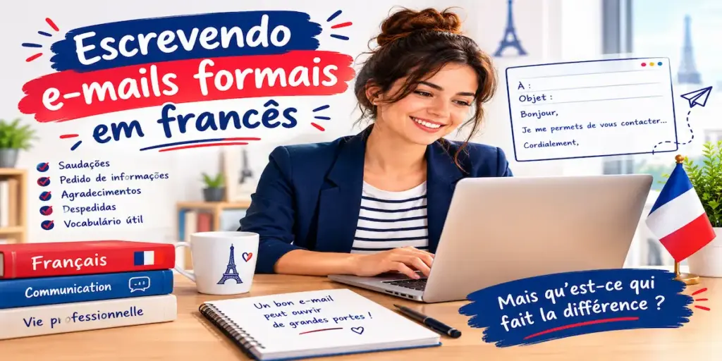 Escrevendo emails formais em francês 2 Escrevendo e-mails formais em francês: guia prático ilustrado com jovem sorridente digitando no notebook ao lado de livros de francês e elementos corporativos, oferecido pela FourFlags Language Center