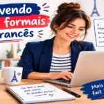 Escrevendo e-mails formais em francês: guia prático ilustrado com jovem sorridente digitando no notebook ao lado de livros de francês e elementos corporativos, oferecido pela FourFlags Language Center