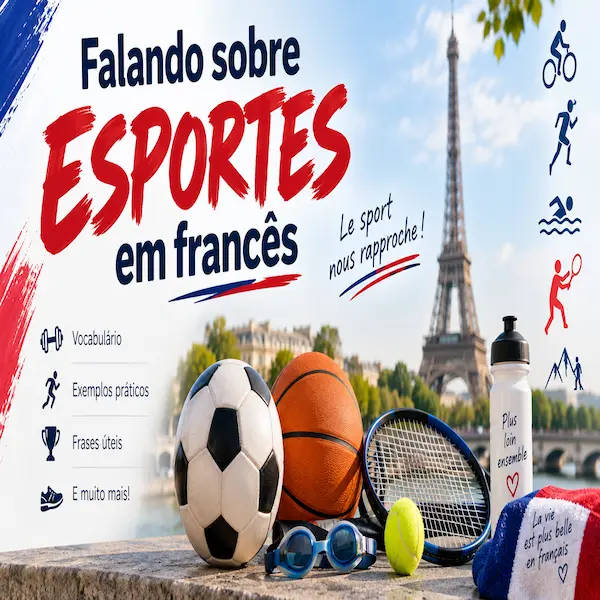 "Falando sobre esportes em francês: infográfico educacional com vocabulário de modalidades esportivas como futebol, basquete, tênis e natação, tendo a Torre Eiffel ao fundo.