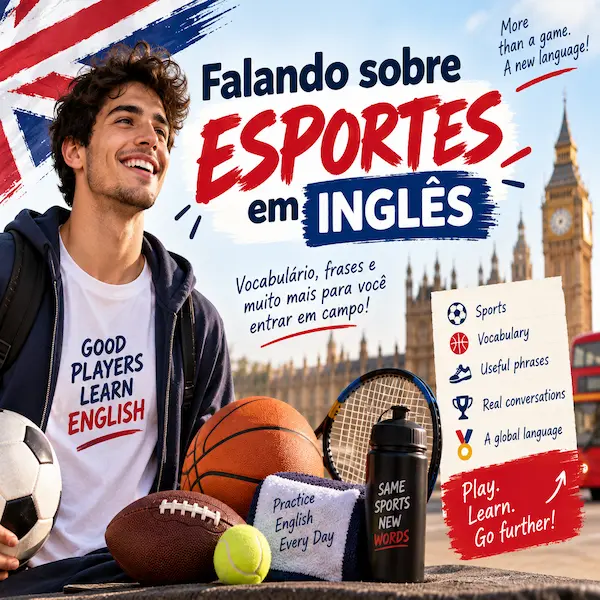 "Falando sobre esportes em inglês: infográfico com um jovem sorridente segurando bola de futebol, rodeado por bolas de basquete, futebol americano e tênis, com o Big Ben ao fundo, oferecido pela FourFlags Language Center