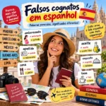 Falsos cognatos em espanhol: infográfico didático da FourFlags Language Center com exemplos práticos de palavras parecidas com o português e seus verdadeiros significados.
