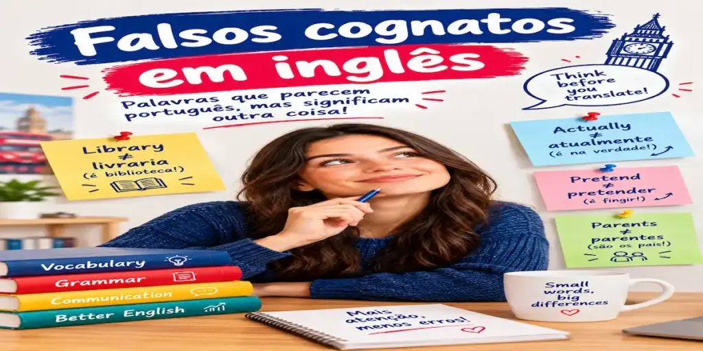 Falsos cognatos em inglês: imagem ilustrativa com exemplos de falsos amigos como library, actually e parents, oferecido pela FourFlags