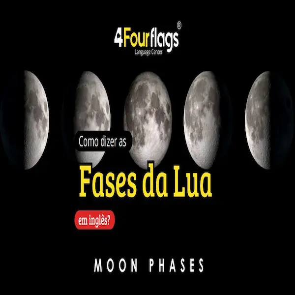 Como dizer as fases da lua em inglês: infográfico educacional com as fases lunares em fundo escuro e termos técnicos (Moon Phases), oferecido pela FourFlags Language Center
