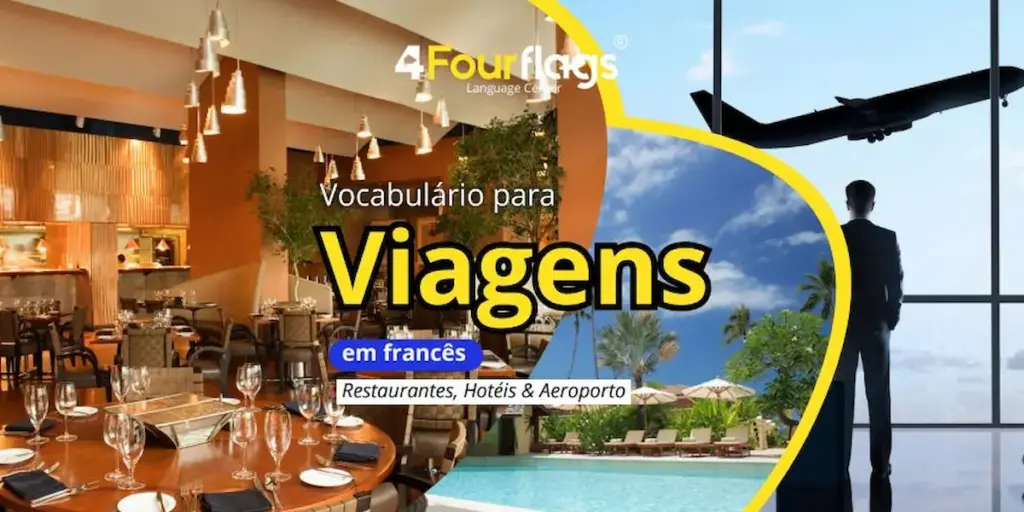 Vocabulário para viagens em francês: imagem ilustrativa com restaurante, hotel, aeroporto e avião decolando, oferecido pela FourFlags Language Center