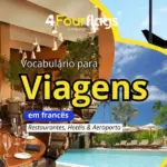 Vocabulário para viagens em francês: imagem ilustrativa com restaurante, hotel, aeroporto e avião decolando, oferecido pela FourFlags Language Center