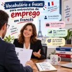 "Vocabulário e frases para entrevistas de emprego em francês: infográfico didático de post de blog com expressões profissionais, simulação de entrevista e tradução para estudantes